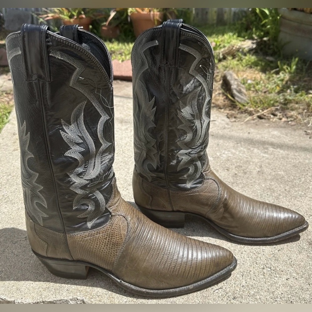 Justin Comb Last Lizard Skin Leather Black Gray Cowboy Western Boots Men 10.5D